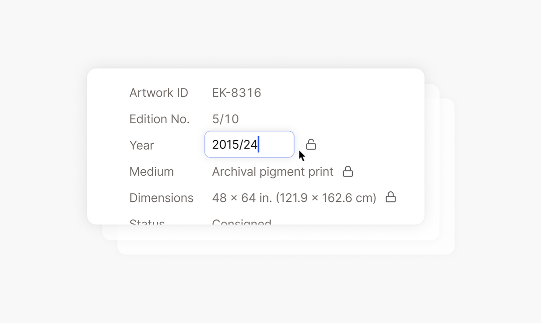 An edition page with year, medium, and dimensions fields unlocked for editing.
