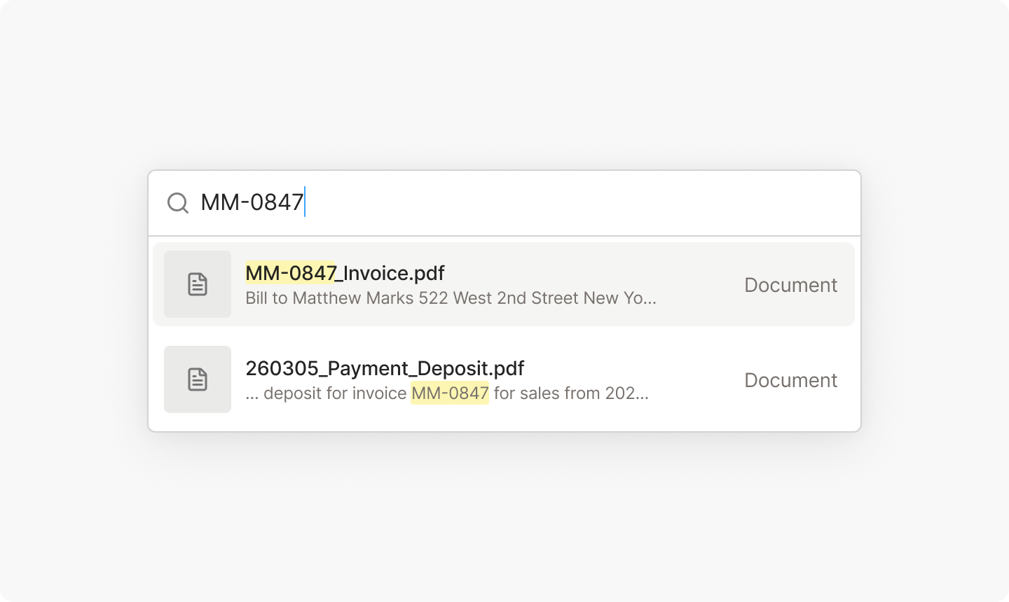 The Valise search dialog with a query typed in, showing a matching uploaded document with the search term highlighted in a snippet of its text.
