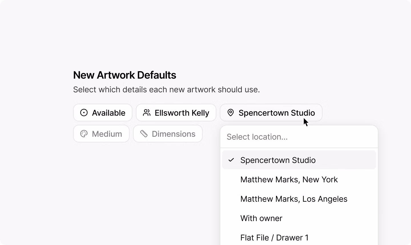 The New Artwork Defaults section of the vault settings page, with chips for status, artist, location, medium, and dimensions.