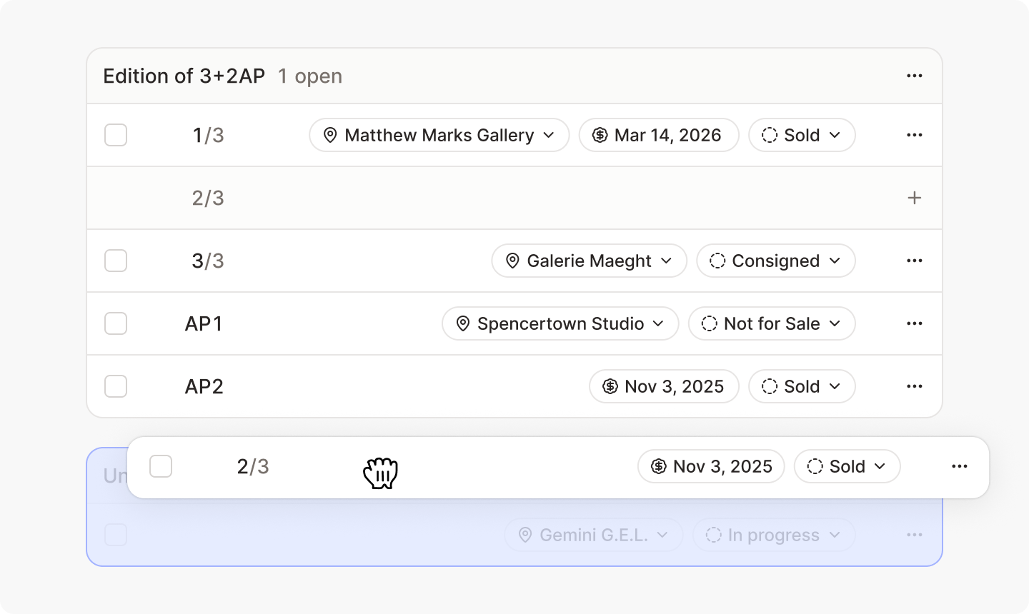The Editions section for an edition of 3+2AP, with each edition's location, sale date, and status, one open number, and an edition being dragged over the Unassigned area.