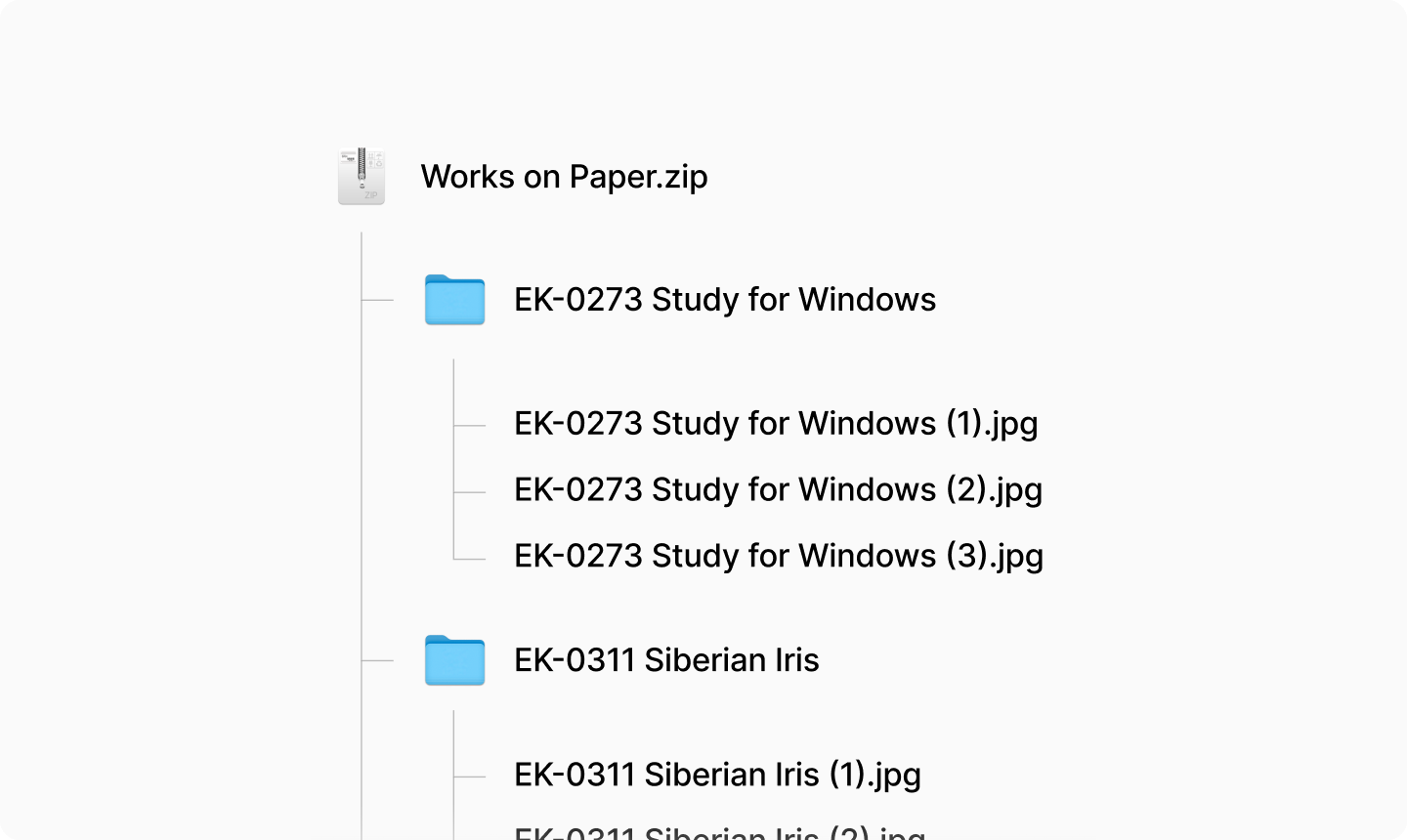 A folder structure with multiple images for each artwork.