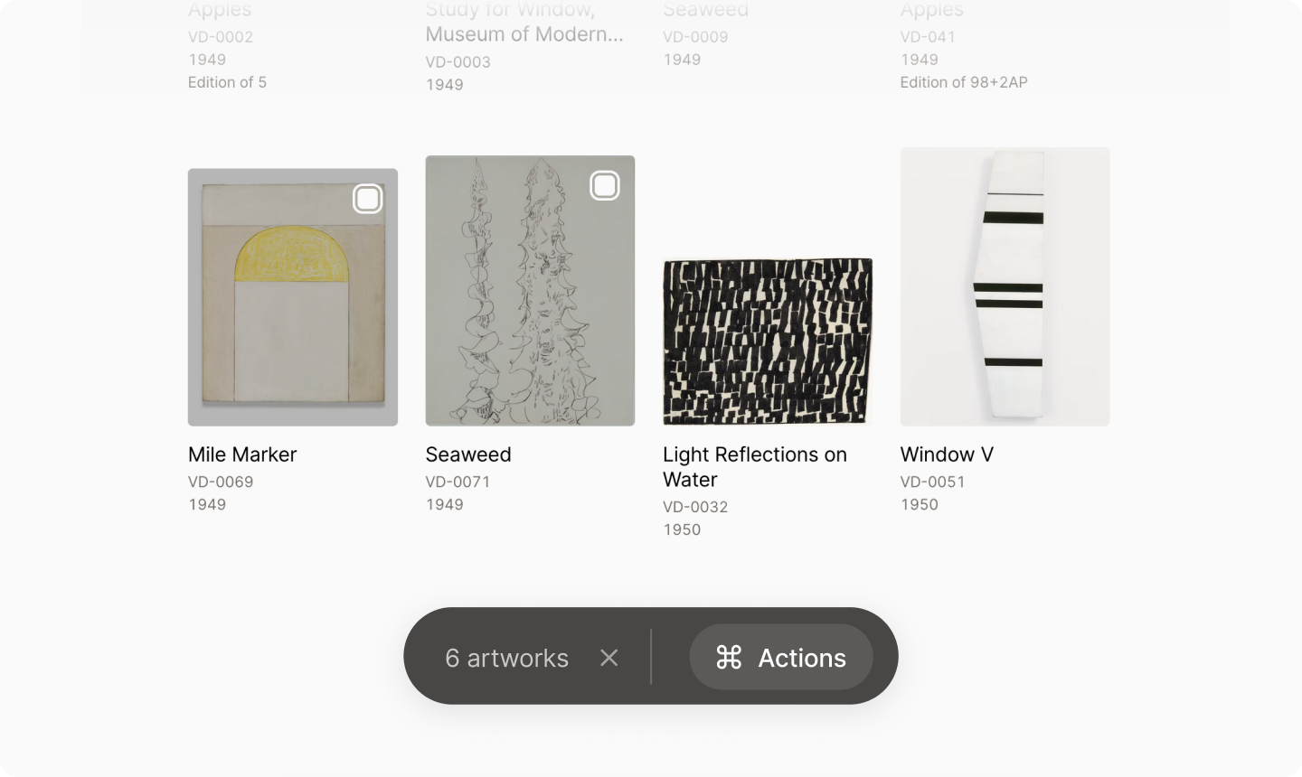 Several artworks being selection, and a menu with a set of actions shown at the bottom.