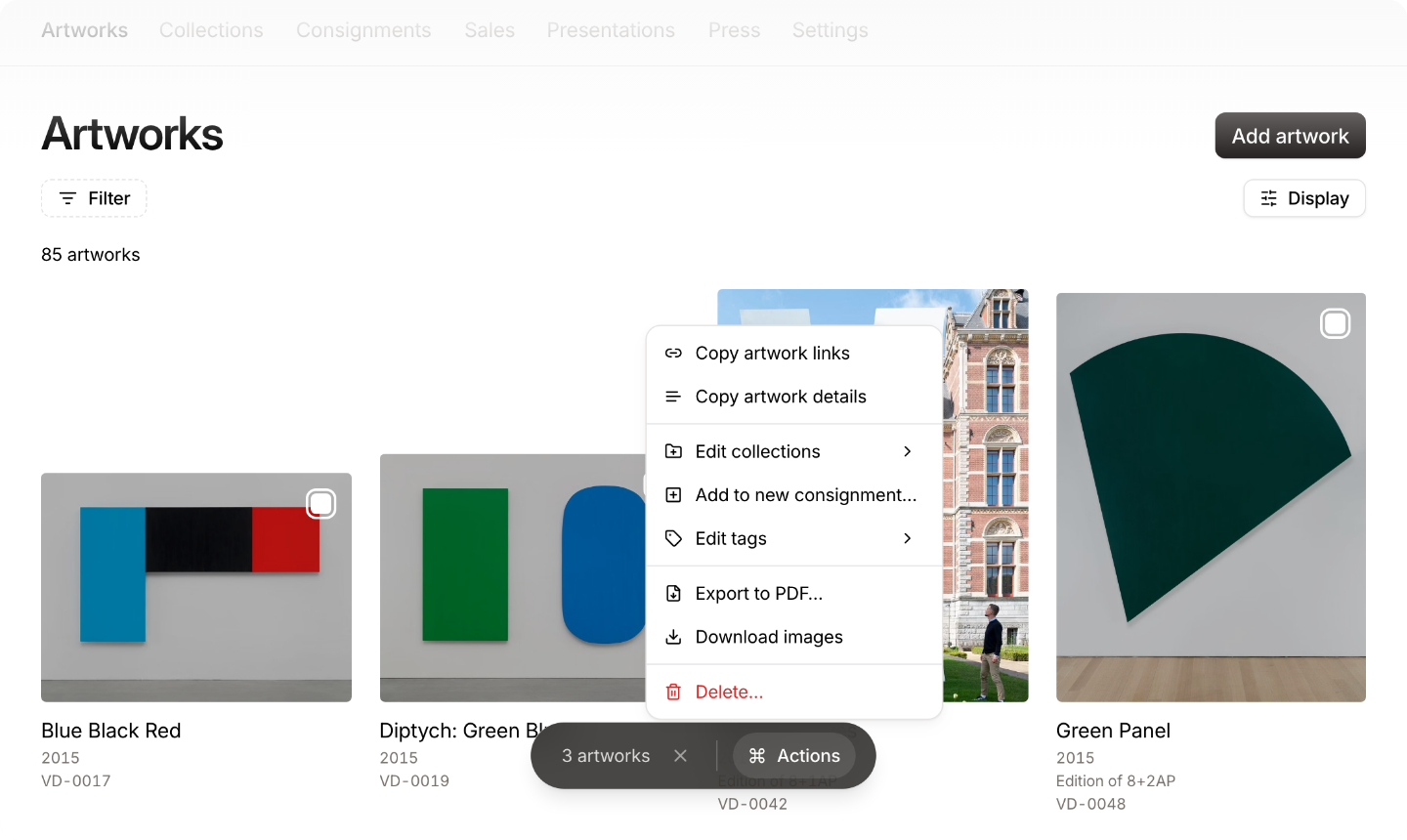 Three selected artworks in the grid, with the selection bar's Actions menu open showing options like Edit collections, Edit tags, Export to PDF, and Download images.