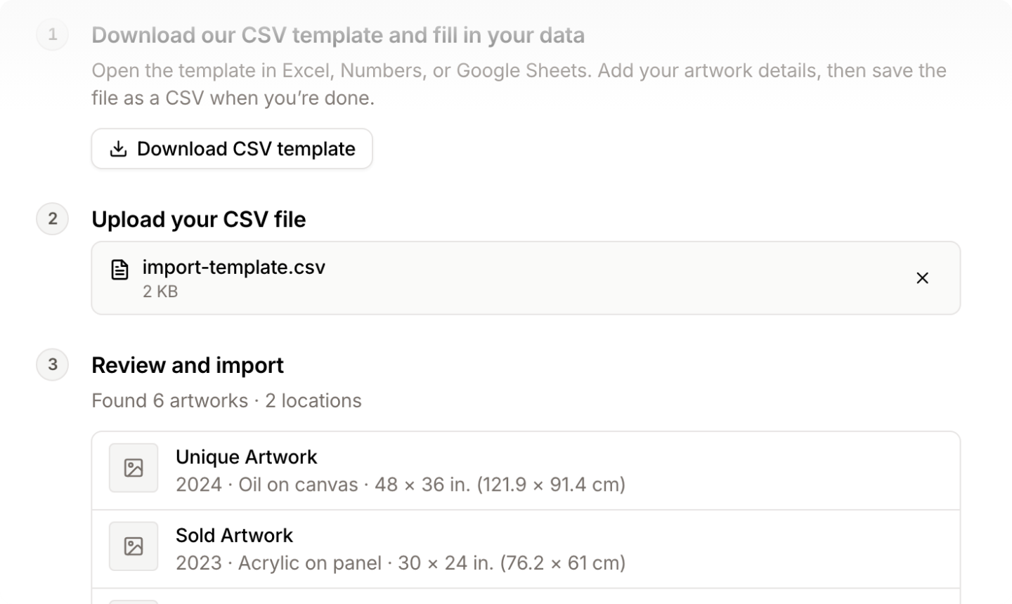 The spreadsheet import page after uploading a CSV, with a preview that found 6 artworks and 2 locations and lists the first few artworks.