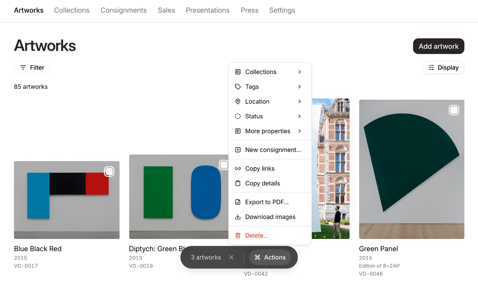 Three selected artworks in the grid, with the selection bar's Actions menu open showing options like Edit collections, Edit tags, Export to PDF, and Download images.