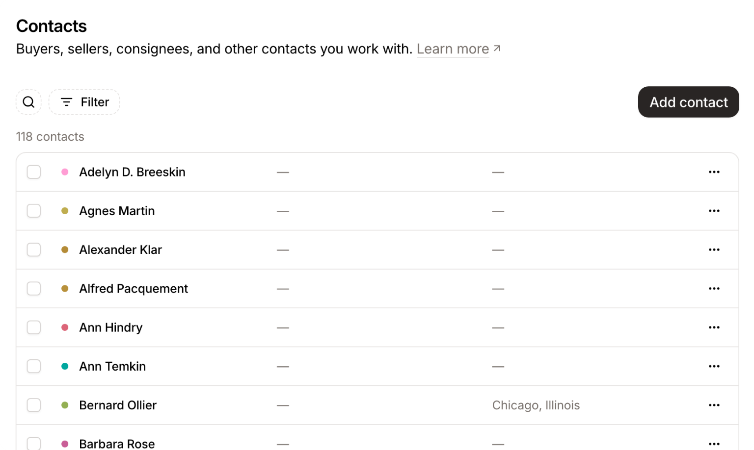 The Contacts settings page, listing every contact in the vault alphabetically with a search box, a Filter button, and an Add contact button above the list.