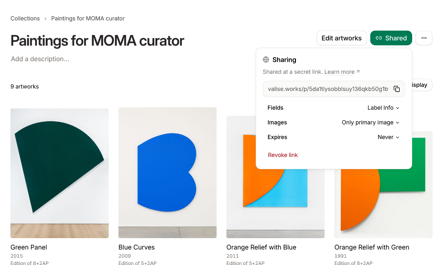A shared collection page with the Sharing popover open, showing the private link and its Fields, Images, and Expires options.