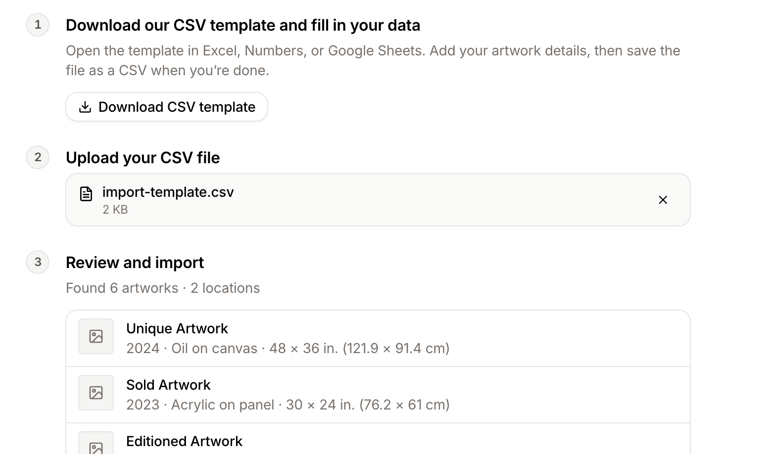 The spreadsheet import page after uploading a CSV, with a preview that found 6 artworks and 2 locations and lists the first few artworks.