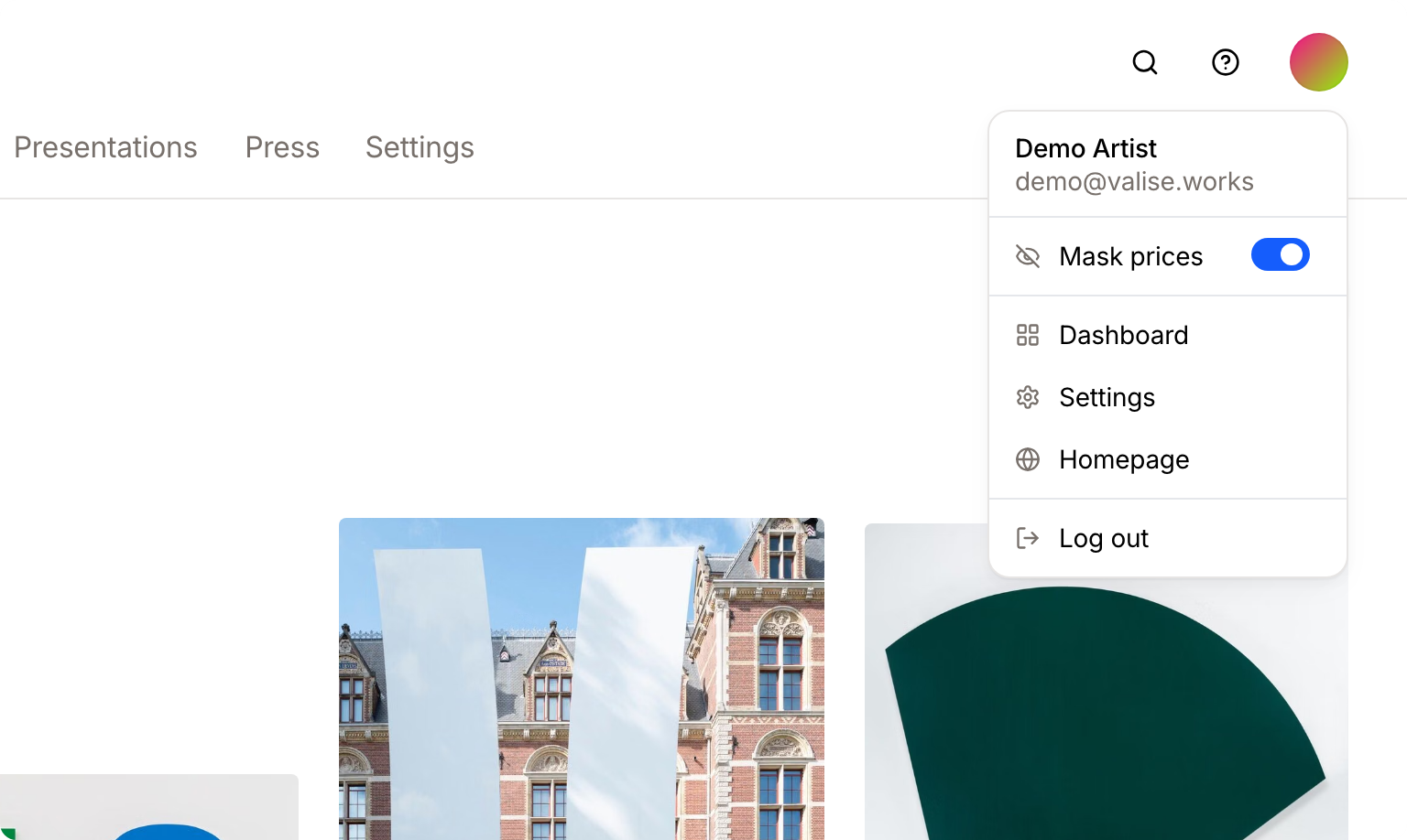 The user menu, with the Mask prices switch turned on above the Dashboard, Settings, and Log out items.
