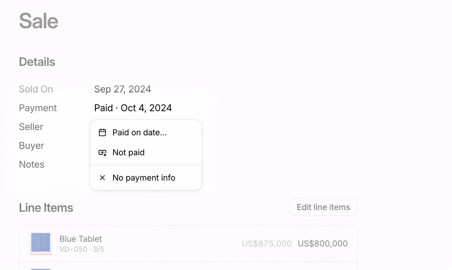 A sale's Details section with the Payment menu open, showing the Paid on date, Not paid, and No payment info options beneath a sale marked Paid · Oct 4, 2024.