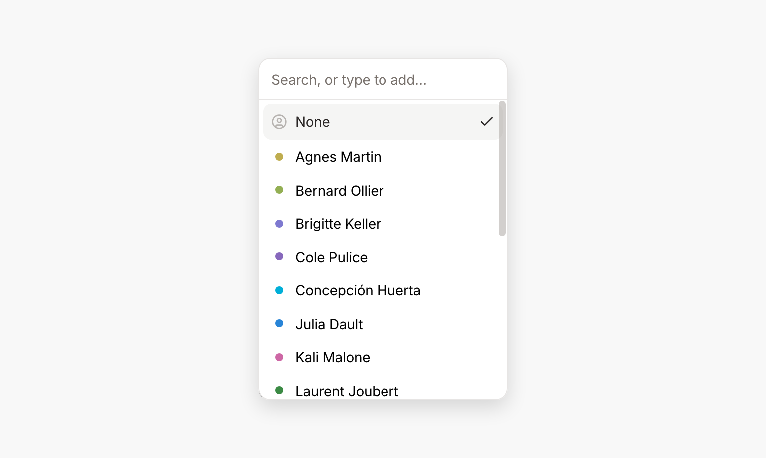 The contact picker open while recording a sale, with a search box above an alphabetical list of buyers to choose from.