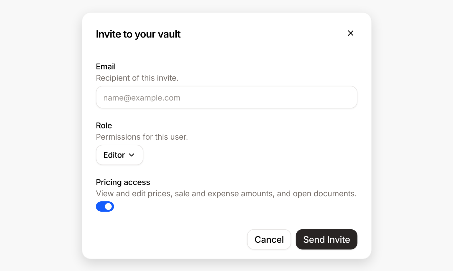 The Invite to your vault dialog, with fields for the recipient's email, their role, and a Pricing access switch.