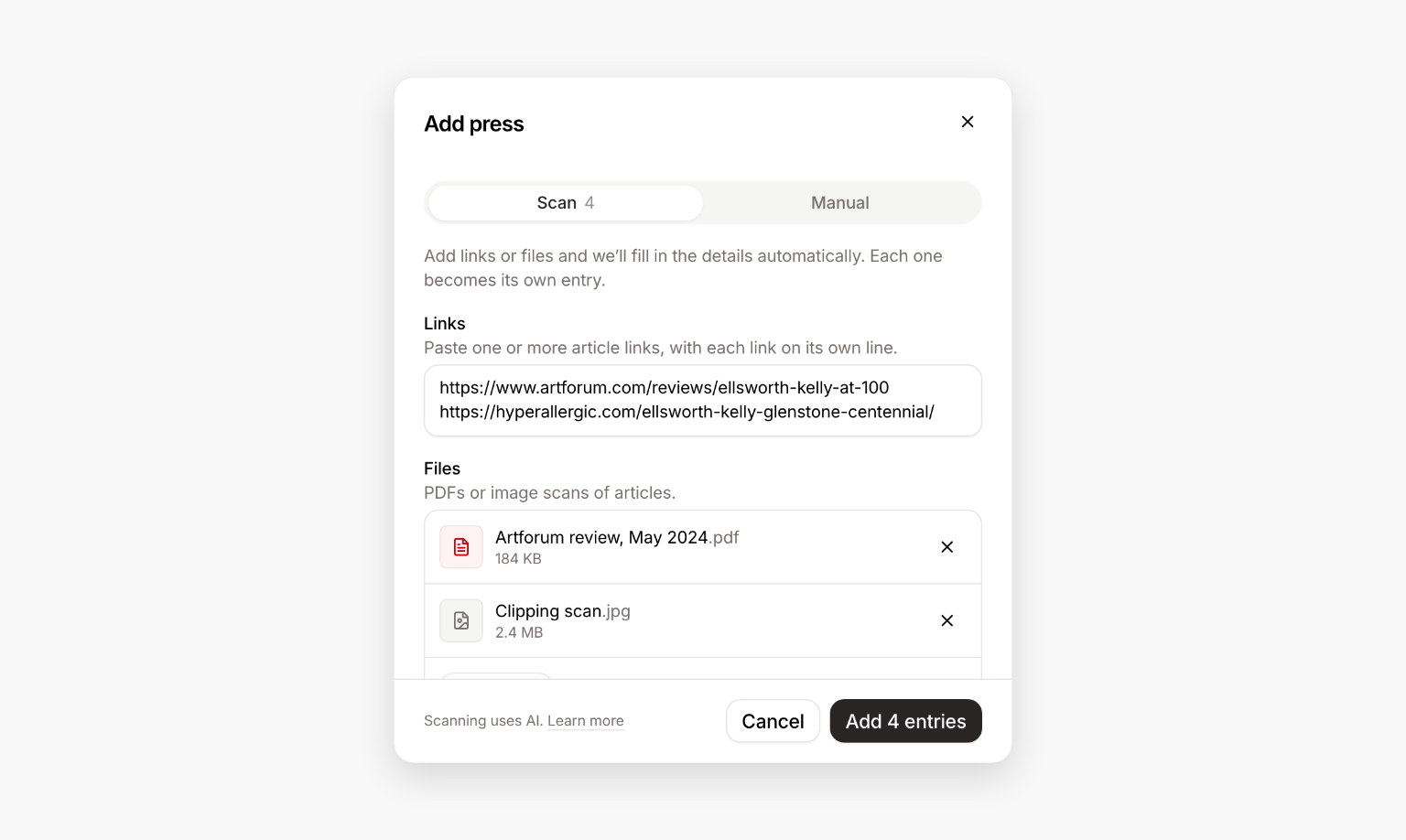 The Add press dialog's Scan tab, with two article links pasted in the Links field and a PDF and a scanned clipping added under Files.