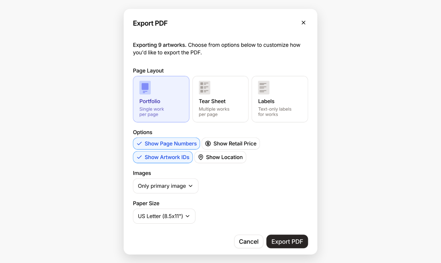 The Export PDF dialog for a nine-work collection, with Portfolio, Tear Sheet, and Labels shown side by side as page layouts, above the options, image, and paper size settings.