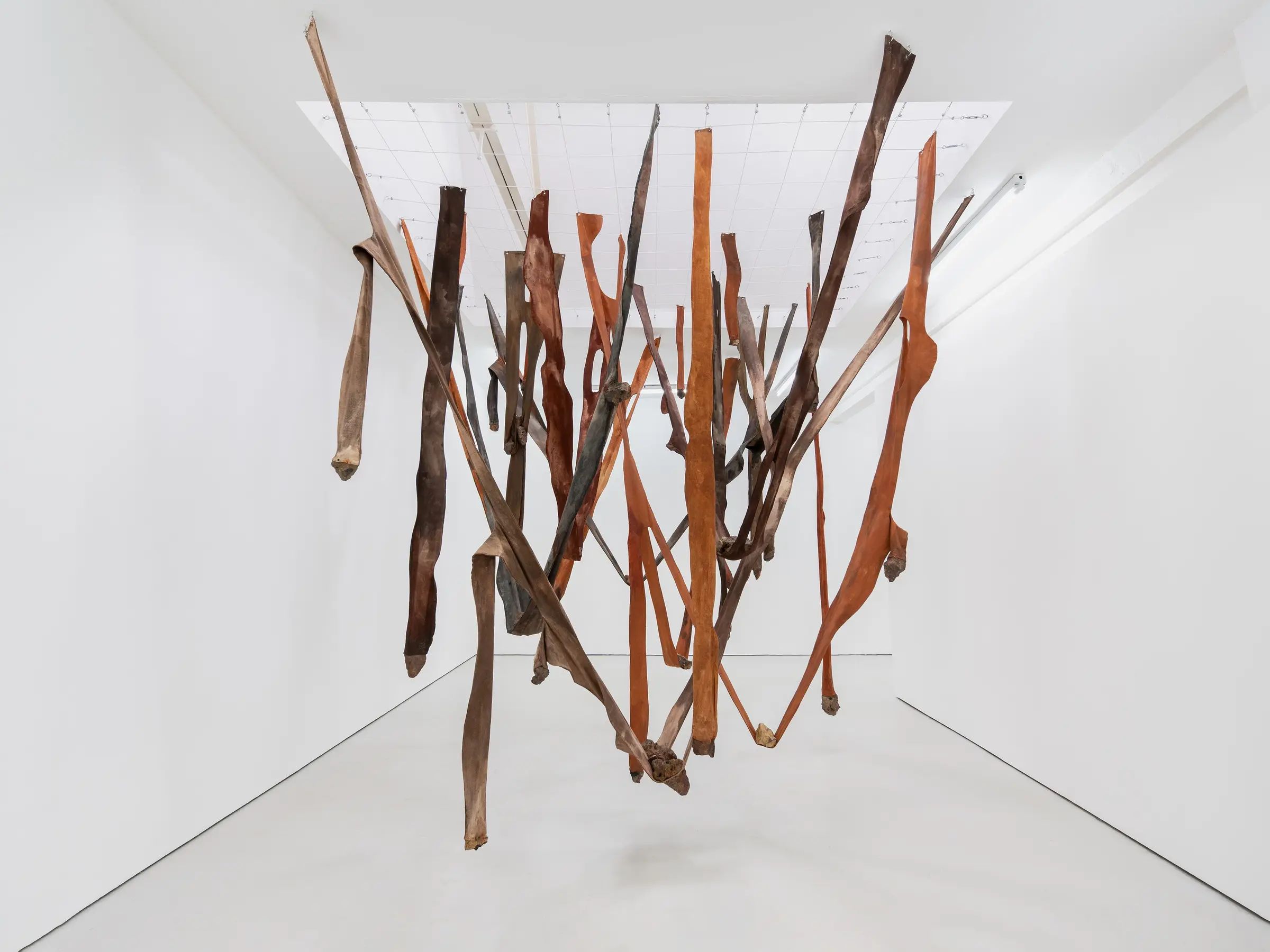 An art installation with multiple long, twisted, brown and reddish sculptural forms suspended from the ceiling in a gallery space.