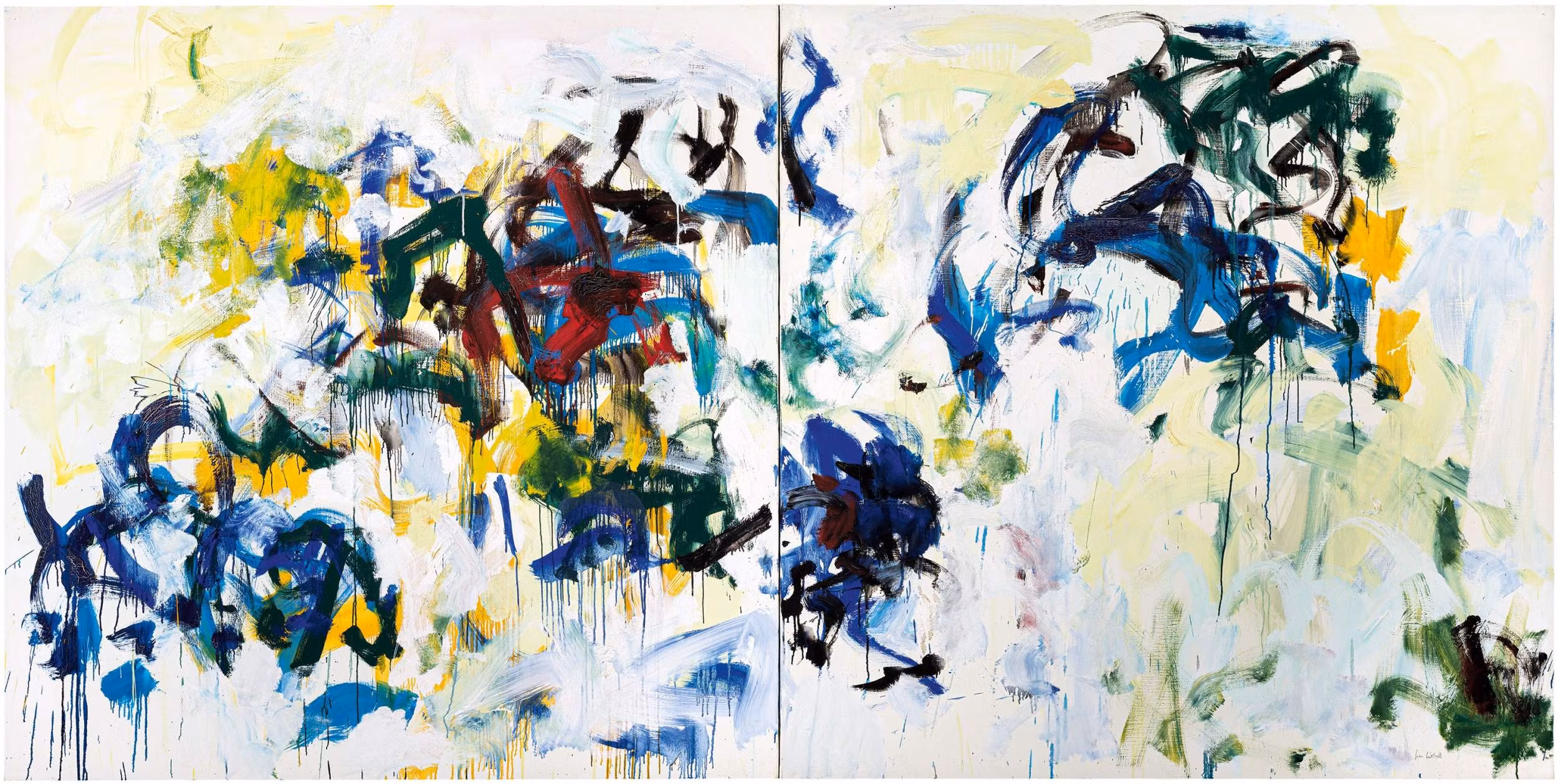 Abstract painting with sweeping strokes of blue, green, yellow, and white across a wide horizontal canvas.