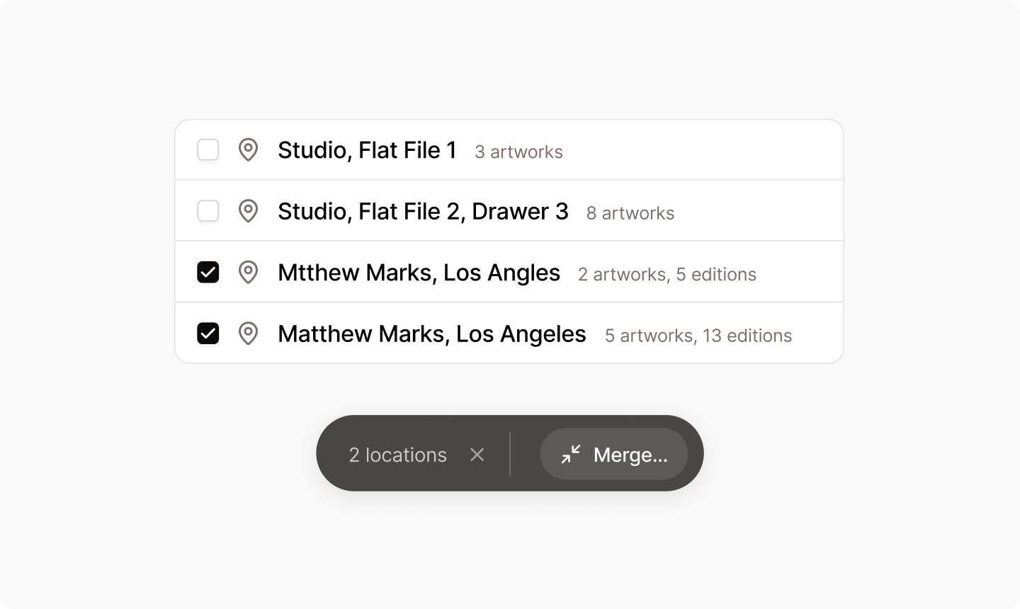 A screenshot showing multi-selecting multiple locations and choosing the merge action.