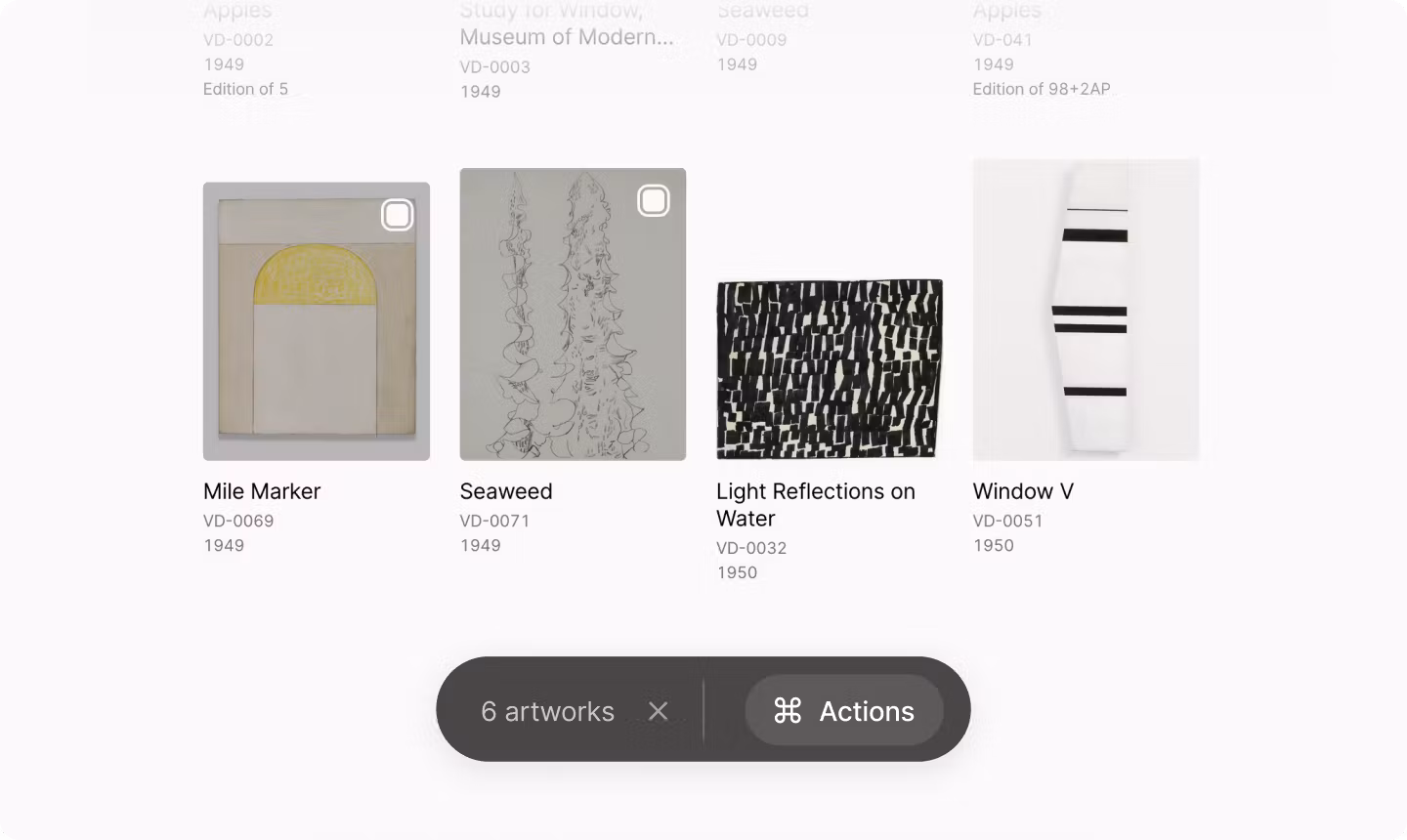 Several artworks being selection, and a menu with a set of actions shown at the bottom.