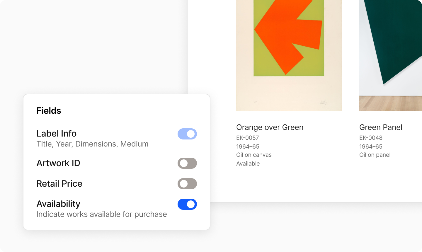 A settings menu with availability toggled, and a preview of a collection with an available work.