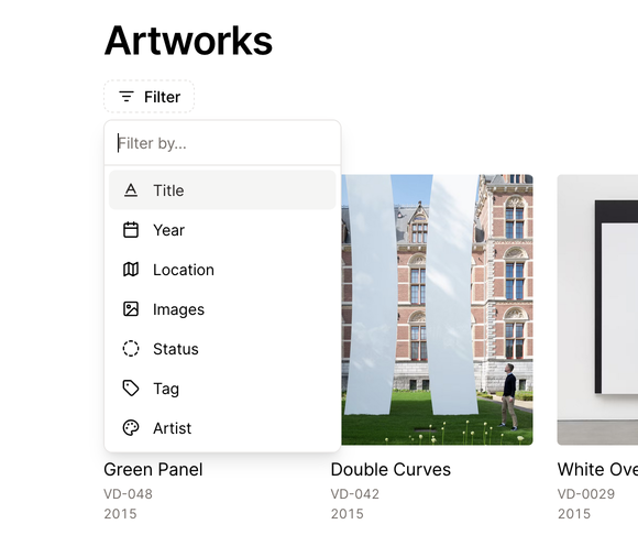 A dropdown menu with options of filtering by title, year, location, images, status, tag, and more.
