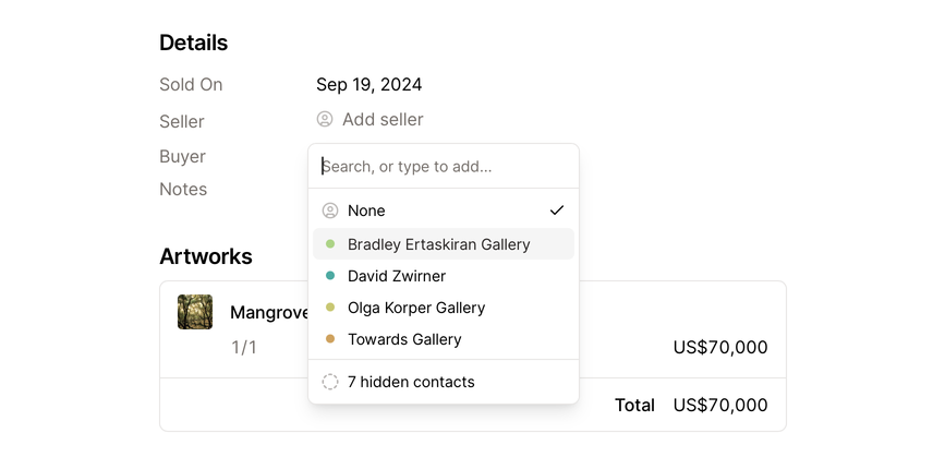 A screenshot of choosing a contact for a consignment.